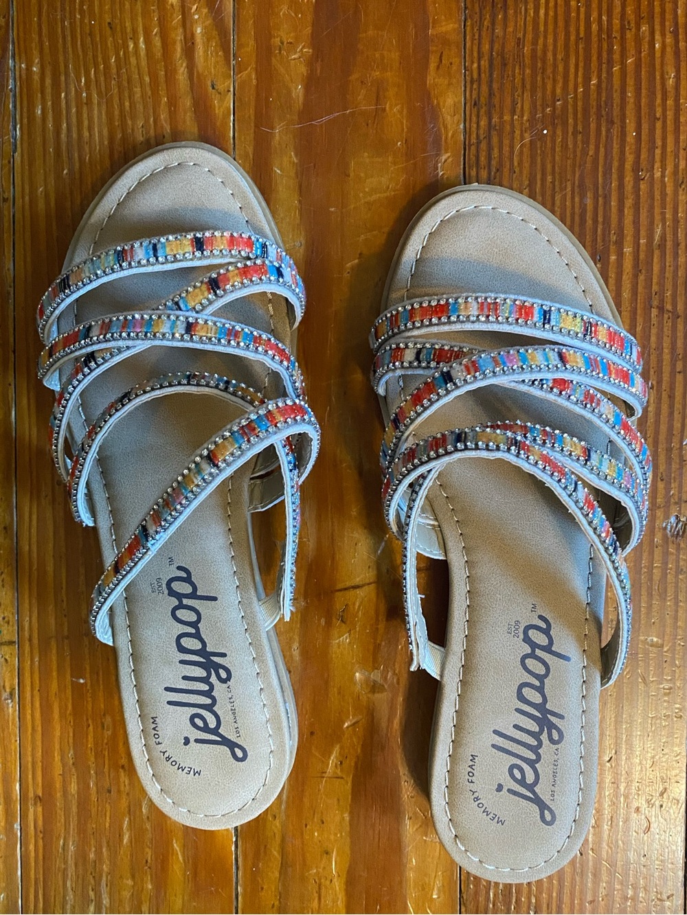 Jellypop Beige Slip-On Sandals with Multicolor Beaded Straps size 6M